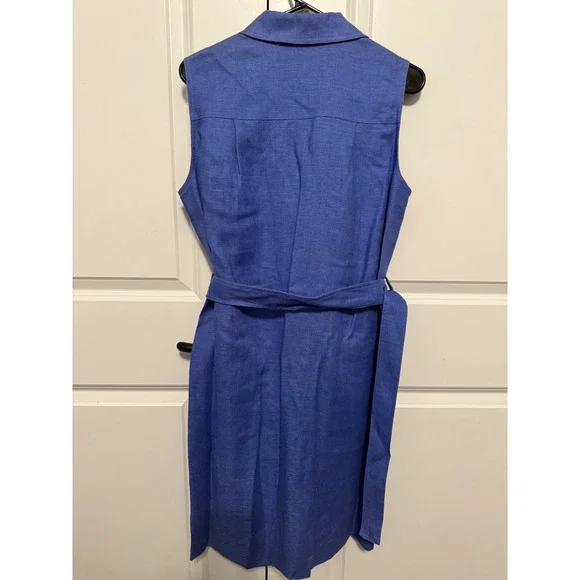 Maggy London Petties Sleeveless Belted Shirt Dress Blue Size 12 100% Linen - Picture 7 of 13
